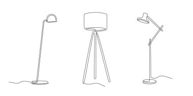 Süreklilik dizisi oda lambaları. İç tasarım çizimi için ev mobilyalarının bir çizimi. Çizgi sanat objesi. Doğrusal olarak abajur. Tek satır Minimalist tasarım