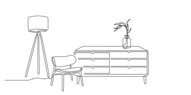 Oturma odasının sürekli tek sıra çizimi ve mobilyaların düzenlenebilir vuruşu. Koltuk, yer lambası, bitki ve çekmecelerin olduğu tek bir çizgi. El çizimi kontur koltuğu. Vektör