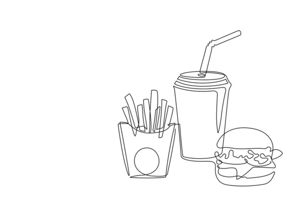 集快餐与薯条 汉堡包 苏打水于一体的连续艺术绘画风格 街头食物 外卖食品 垃圾食品 海报用线性彩绘素描 — 图库矢量图片