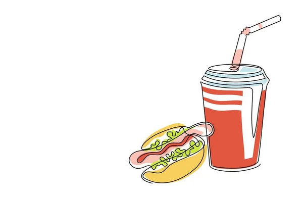 Sosisli Soda Sürekli Tek Bir Çizim Tarzında Fast Food Içecek — Stok Vektör