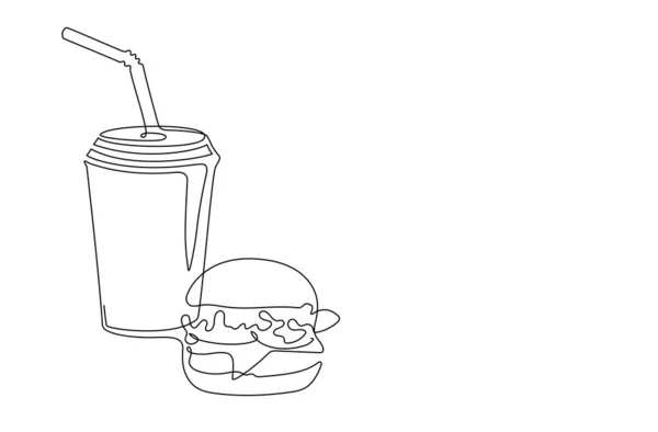 Hamburger Soda Fast Food Continuous One Line Art Drawing Style — Stock Vector