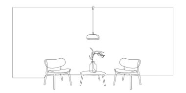 Koltukları, masası, lambası ve bitkisi olan tek sıra halinde. Tek sıra halinde oturma odası, toplantı odası, modern mobilyalarla dolu bir salon. İçerideki mobilyaların düzenlenebilir el çizimi