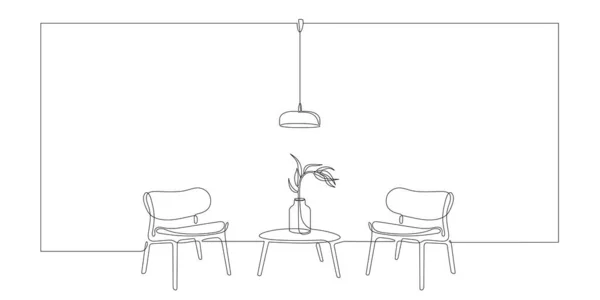 Ciągłe Jednoliniowe Wnętrze Fotelami Stołem Lampą Rośliną Jednoliniowy Rysunek Salonu — Wektor stockowy