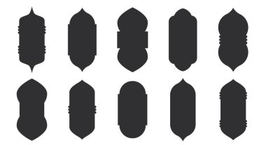 İslami kapı veya pencere kemeri şekli. Doğu tarzı Arap kapı ve pencereleri. Arap şekilli kemer. İslami tasarım için tasarım ögesi, etiket, pankart. Ramazan Kareem. Vektör düz resimleme