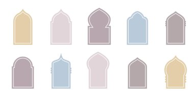 İslami boyalı kapı kemeri ve çerçeveleri. Doğu tarzı Arap kapı ve pencereleri. Arap şekilli kemer. İslami tasarım için tasarım ögesi, etiket, pankart. Ramazan Kareem. Düzenlenebilir vektör