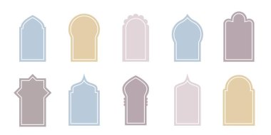 İslami boyalı kapı kemeri ve çerçeveleri. Arap şekilli kemer. Doğu tarzı Arap kapı ve pencereleri. İslami tasarım için tasarım ögesi, etiket, pankart. Ramazan Kareem. Düzenlenebilir vektör