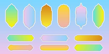 Renkli İslami şekiller çıkartmalar. Arap Kapısı kemerleri ve çerçeveleri. Doğu tarzı Arap tarzında gradyan şekiller. İslami tasarım için tasarım ögesi, etiket, pankart. Düzenlenebilir vektör