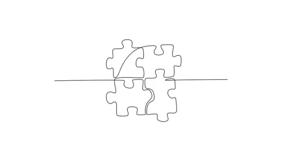 连续单行绘图的四个拼图组合在一起 为思想 商业策略 思考过程 创造力 问题的解决绘制单行拼图 可编辑笔划 — 图库矢量图片