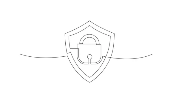 连续单行绘图风格的挂锁和屏蔽 一线图锁 安全保护标志的绘制 信息互联网的概念 商业保护 网络安全 — 图库矢量图片
