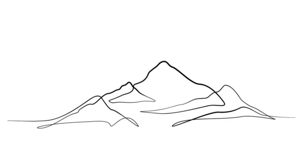 Dağ sırasının arka planının kesintisiz çizimi. Dağ panoramik manzarasının tek çizgi çizimi. Doğanın çizgi sanatı illüstrasyonu. Basit vektör doğrusal biçimi. El çizimi