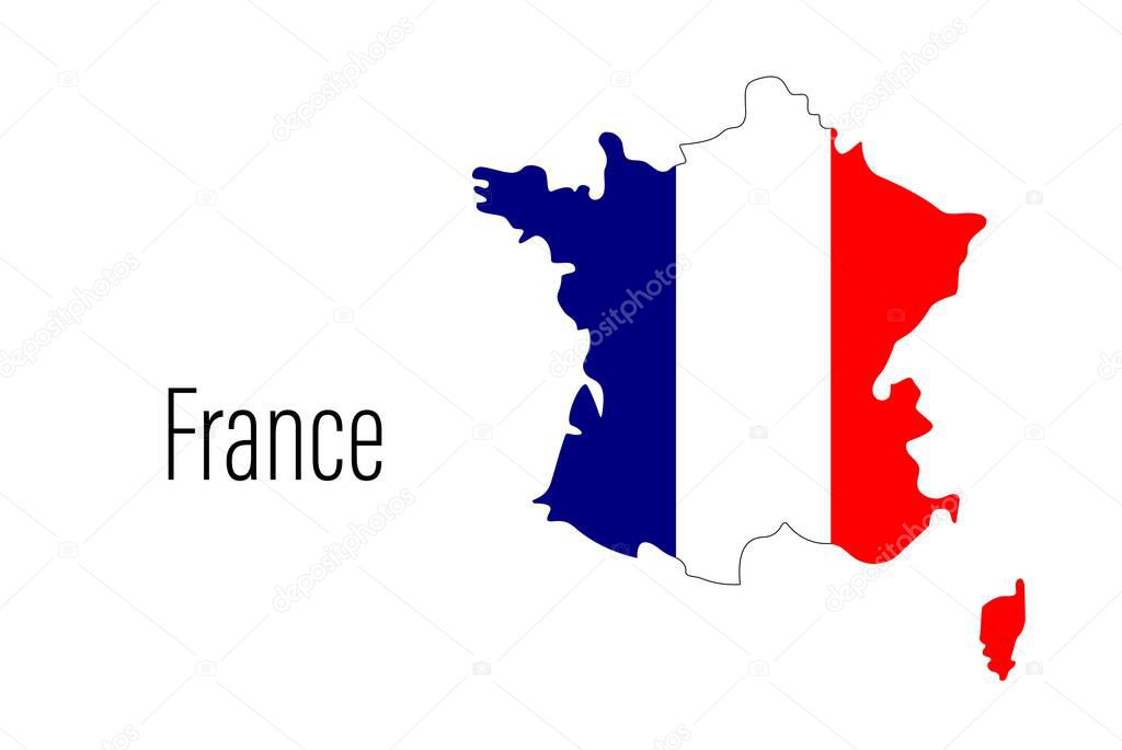 France shape of country in colors of flag. Country contour map with flag. Map silhouette of France. EU country drawing background. European country. Vector minimalist illustration for design