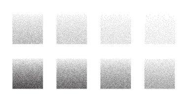 Dotwork grain noise gradient squares. Pointillism gradient pattern. Stochastic grange texture. Sand stipple halftone effect for tattoo. Dotted square, stipple element. Pixel disintegration Vector clipart