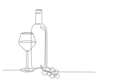 Cam ve üzümlü bir şişe şarap. Tek çizgi halinde. Alkol, şarap bardağı, cam ve meyve içeren tek sıra çizim. Restoran menüsü, poster ve afiş için sıra sanatı. Vektör
