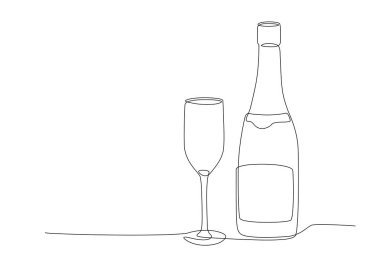Şampanya kadehli bir şişe şampanya çizimi. Alkollü ve camlı bir şişe çizimi. Restoran menüsü, poster ve afiş için sıra sanatı. Düzenlenebilir vuruş