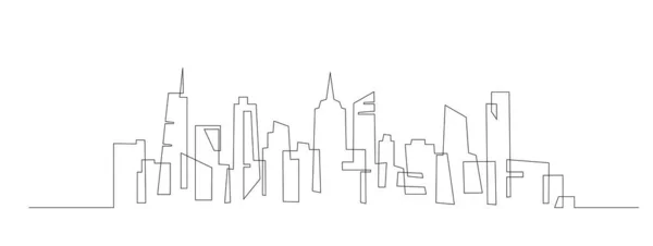 連続したシングルラインの都市風景パノラマ ワンラインの街並み 高層ビルのダウンタウン風景 建築パノラマ シルエット 高層ビル 建物が付いている手描きのサケ ベクター — ストックベクタ