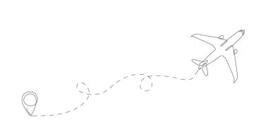 Uçuş güzergahı ve başlangıç noktası olan sürekli tek bir uçak hattı. Başlangıç noktası ve izi olan tek sıra uçak rotası. İş, seyahat veya seyahat için çizim Düzenlenebilir vuruş