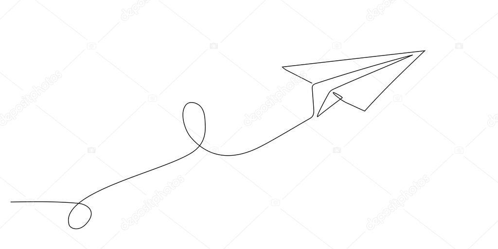 Paper plane flying up. Continuous one line drawing for business, travel or journey illustration. Single line art style. Airplane with destination line path. Doodle handdrawn drawing editable stroke