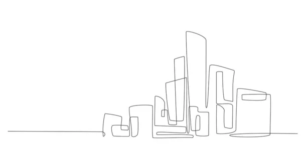 连续单线城市景观全景 单行城市景观 市中心的风景与摩天大楼 建筑全景 手绘草图与轮廓 摩天大楼 — 图库矢量图片