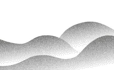 Noktalı gürültü dağ tahıl deseni. Nokta işi, grunge desen manzarası ve arazi. Benekli eğimli dağlar. Dotwork tarzında tahıllı tepe. Gürültülü stokastik arkaplan Pointillizm desenli çizim