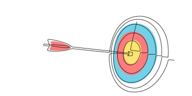 Aralıksız çizgi şeklinde oklu hedef. Hedef çemberin tek çizgi çizimi ve ortadaki beyaz arka planda ok. İş stratejisi konsepti. Ok hedef sahasında, gol. Vektör illüstrasyonu