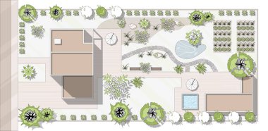 Top view landscape design plan with house, courtyard, lawn, garage. Highly detailed plan of country with modern cottage of villa with pond, pool. Vector illustration of Cityscape, Map of town, village