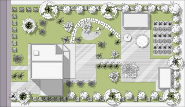 Top view landscape design plan with house, courtyard, lawn, garage. Highly detailed plan of country with modern cottage of villa with pond, pool. Vector illustration of Cityscape, Map of town, village