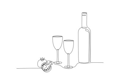 Bir şişe şarap, cam ve nar aralıksız bir çizgi, düzenlenebilir bir vuruş. Alkol, şarap bardağı, cam, meyve içeren tek sıra çizim. Menü, afiş, poster için satır sanatı biçimi