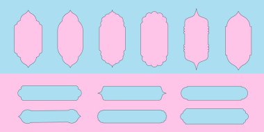 Renkli İslami şekiller çıkartmalar. Arap Kapısı kemerleri ve çerçeveleri. Oryantal stil mavi ve pembe şekiller seti. İslami tasarım için tasarım ögesi, etiket, pankart. Düzenlenebilir vektör