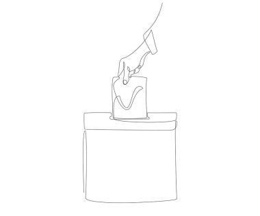 Oylama kağıdını sandığa koyan tek bir el çizgisi. Doğrusal tarzda seçim oylaması konsepti. Tek satır halinde devam ediyor. Pankart, poster, broşür tasarımı için vektör çizimi