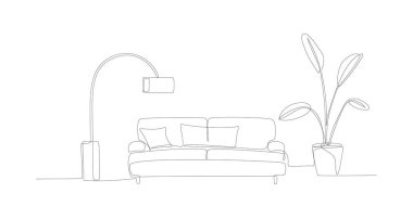 Kanepe, bitki ve lamba ile aralıksız iç hat. Modern mobilya dokunuşlu bir oturma odası çizimi. Tek sıra. El hatları. Saksıda çiçek. Doodle vektörü