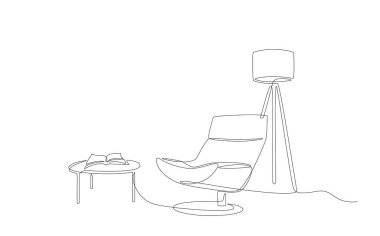 Tek sıra halinde oturma odası koltuğu, yer lambası ve kitap çizimleri. Modern sandalyeli bir sıra iç mekan oturma odası, açık defter. Mobilya elementlerinin el çizimi Doodle vektörü