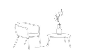 Oturma odasındaki koltuğun ve vazonun sürekli çizimi masanın üzerinde. Modern mobilya elementleri ile bir sıra iç mekan düzenlenebilir el, mobilya hatları çizer. Doodle vektörü