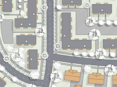 Şehrin en iyi manzarası. Kasaba, köy, ev, çatı, park planı. Şehir manzarası yukarıdan manzaralı. Arka plan şehir haritası taşıyıcı peyzaj tasarımı planı. Çok detaylı ülke haritası çizimi