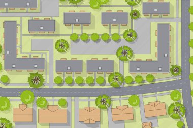 Şehrin en iyi manzarası. Kasaba, köy, ev, çatı, park planı. Şehir manzarası yukarıdan manzaralı. Arka plan şehir haritası taşıyıcı peyzaj tasarımı planı. Çok detaylı ülke haritası çizimi