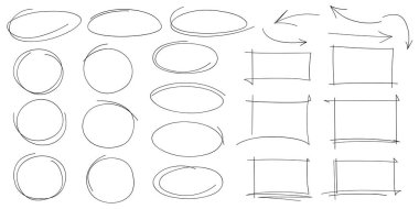Karalama el çizimi vurgular, oklar, metin altı çizgileri ve işaretler. Çemberlerin, elipslerin, dikdörtgenlerin, karelerin, ovallerin, işaretlerin çizim elementlerinin toplanması. İleti notları için karalama şekli