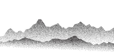Dotwork dağlık tahıl deseni. Noktalı gürültü, grunge desen manzarası ve arazi. Benekli eğimli dağlar. Dotwork tarzında tahıllı tepe. Gürültülü stokastik arkaplan Pointillizm dokusu