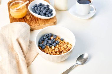 Fresh fragrant homemade granola made from oatmeal, honey, nuts and fresh blueberries. Balanced breakfast or snack