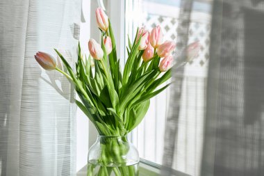 Bouquet of beautiful spring pink tulips in a vase on a windowsill on a sunny day. 