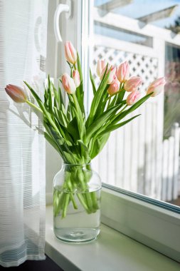 Bouquet of beautiful spring pink tulips in a vase on a windowsill on a sunny day. 