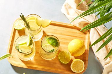 Yaz ferahlatıcı içecekler veya limonlu, limonlu ve biberiyeli kokteyller. Sıcakta soğuk limon içecekler. 