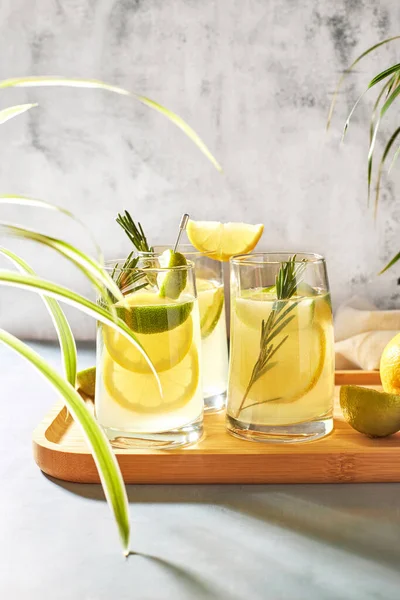 Летние Освежающие Напитки Коктейли Лимоном Лаймом Розмарином Холодные Лимонные Напитки — стоковое фото