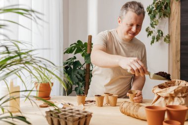 A man pours the ground into environmental peat cups for sowing vegetable seeds. Homemade garden in the apartment. Gardening as a hobby