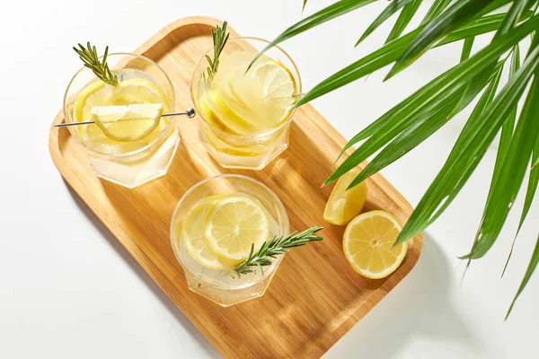 Yaz içecekleri, taze limonlu kokteyller, parlak güneş ışınlarında limon ve biberiye. Sıcak bir günde soğuk narenciye içer..