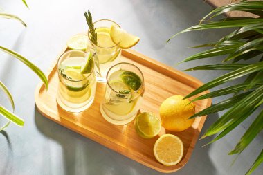 Taze yaz kokteylleri, taze meyveli içecekler. Limonlu ve limonlu soğuk su. Detox kokteyli