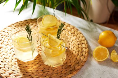 Yaz ferahlatıcı içecekler, limon dilimleri ve biberiyeli alkollü kokteyller. Limonlu taze içecek..