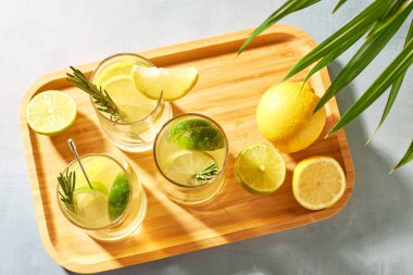 Taze limon ve limon dilimleri ile serinletici biberiye filizi ile süslenmiş. Yaz alkollü kokteyller. Limonlu su.