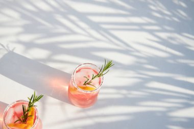 Taze greyfurt ya da kırmızı turuncu kokteyl manzarası, içinde buz küpleri, taze meyve dilimleri ve biberiye. Tatil ve yaz kokteyli konsepti. Citrus içeceği.