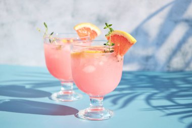 Taze greyfurt suyuyla soğuk kokteyller, kekik ve taze meyve dilimleriyle servis ediliyor. Turunçgil meyveli yaz kokteylleri