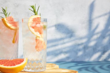 Taze greyfurt dilimli soğuk bir kokteyl ve palmiye ağaçlarının gölgesinde biberiye filizi. Yaz soğuk içecekleri. Limonlu gazoz..