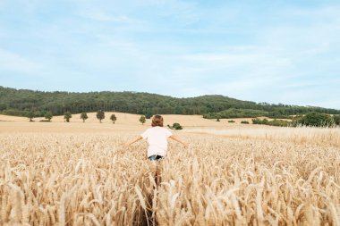 Okul çağında mutlu bir kız, olgun dikenlerle dolu bir tarlada yürüyor. Köy hayatı. Yaz tatili. Tatil kavramı